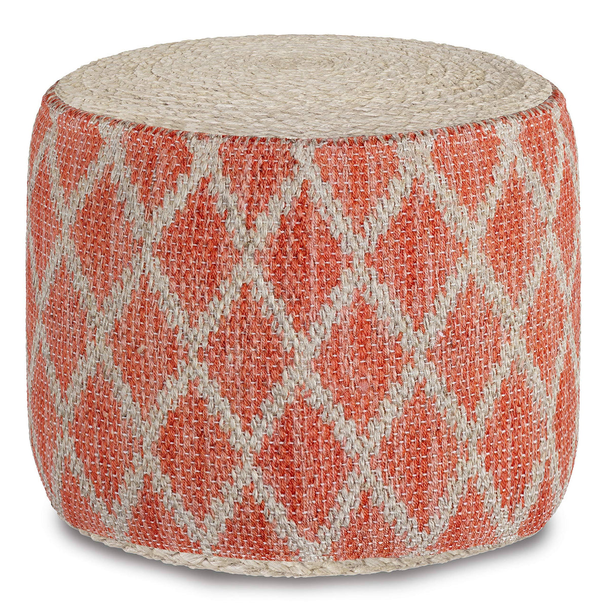 Coral and Natural Woven Braided Jute Round Pouf Y283368