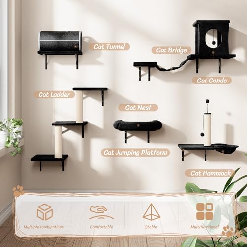 7-in-1 Wall Mounted Cat Climber Set with Cat House, Tunnel, Bridge, Tree, Steps, Scratcher Board and Hammock (Grey) H740635