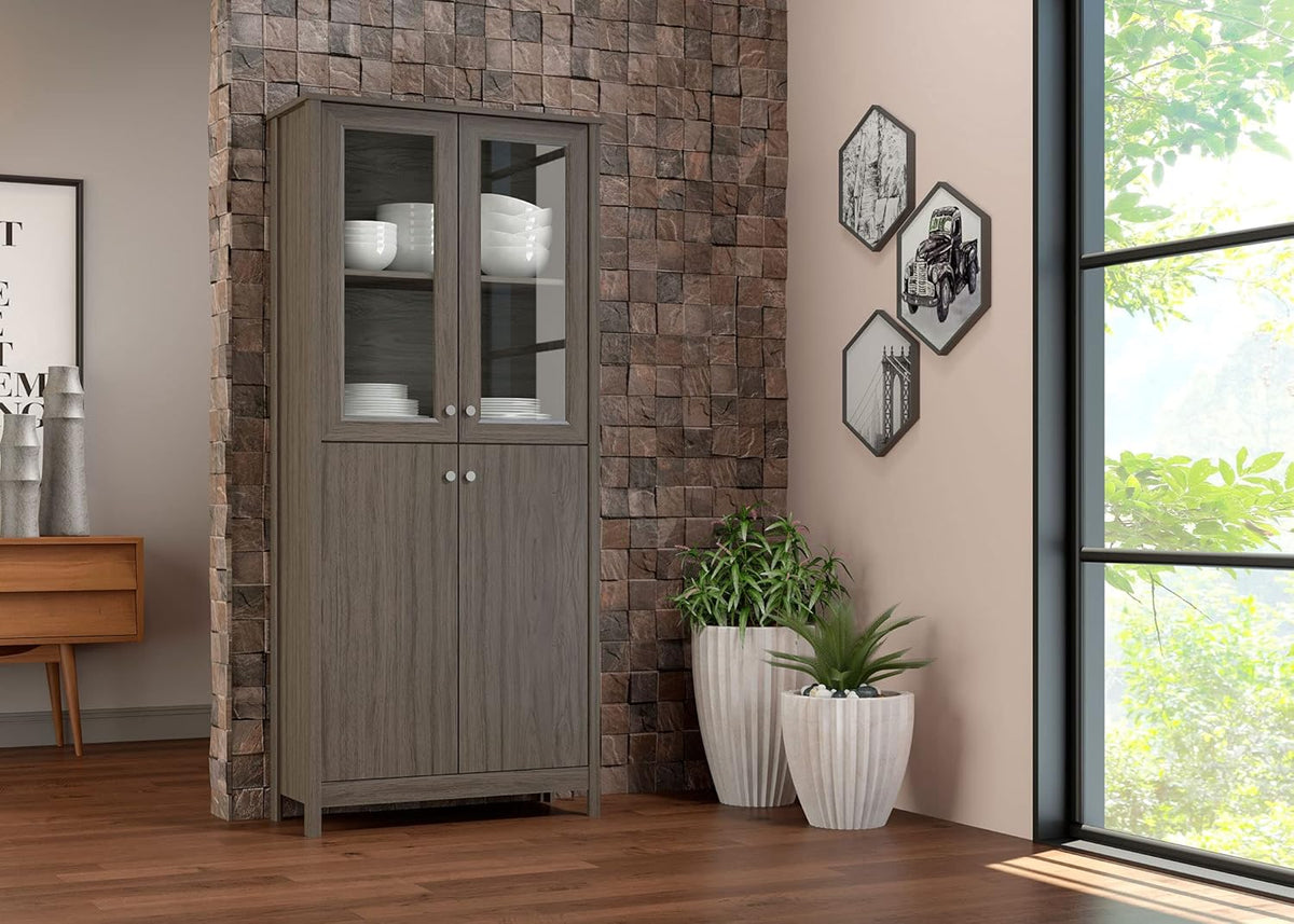 4-Door Bookcase in White with Glass and Wood R255