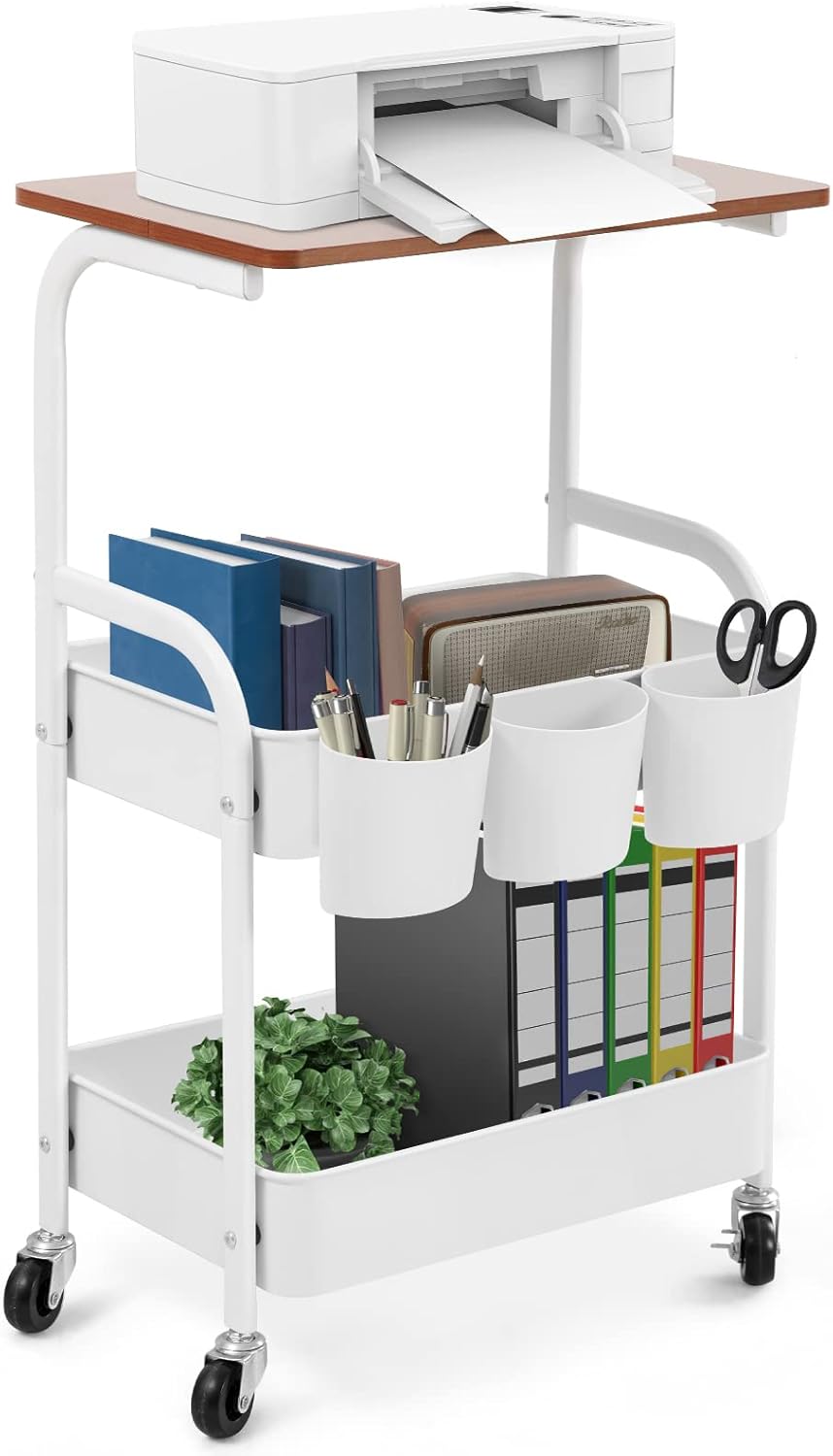 White 3-Tier Rolling Printer Stand with Storage H24752