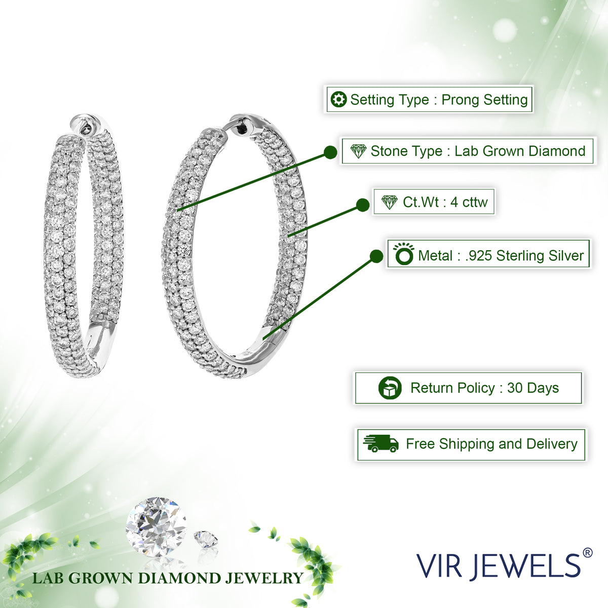 4 CTTW Lab Grown Diamond Hoop Earrings 925 Sterling Silver B60023