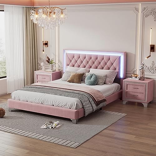 Queen Size Velvet Upholstered Platform Bed with 2 Nightstands J5874