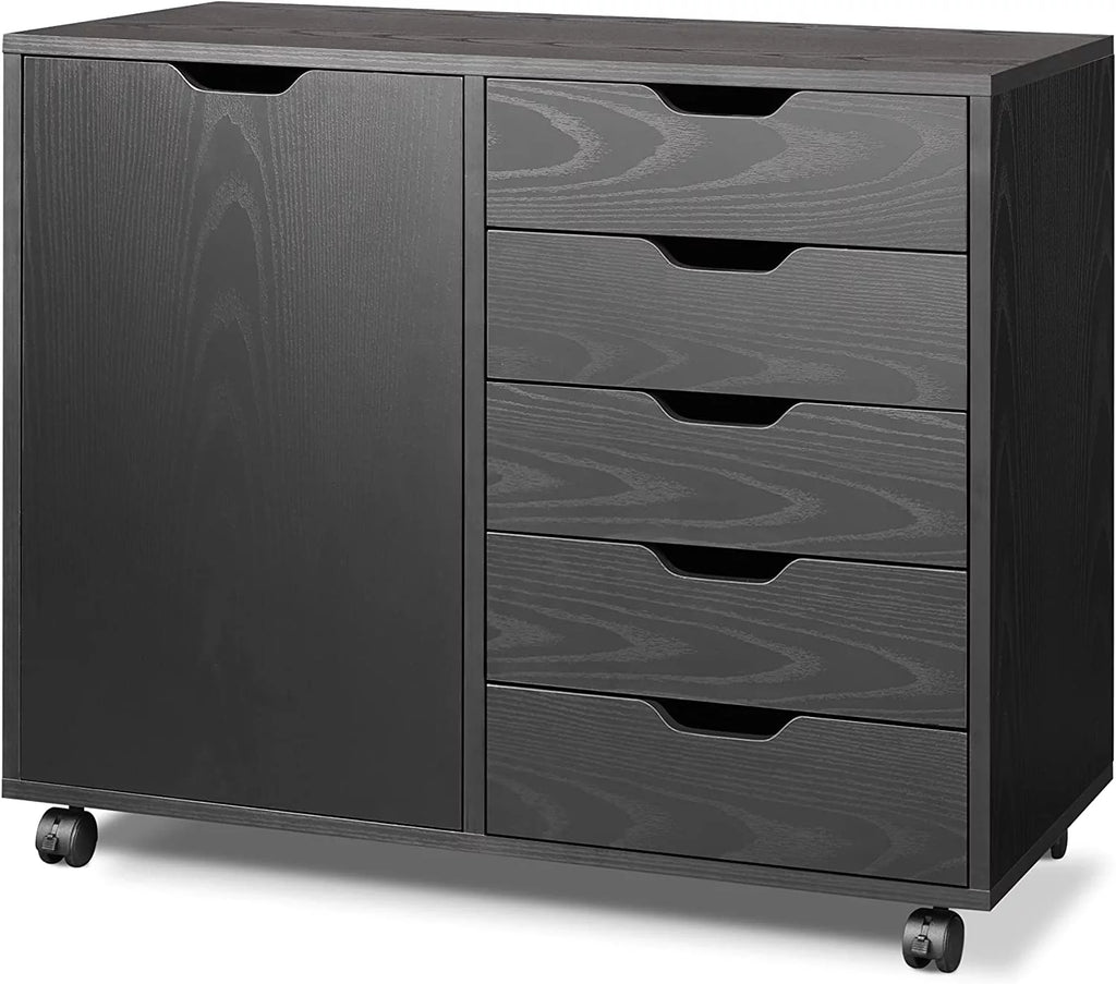 Black 5 Drawer Wood File Cabinet with Wheels C313
