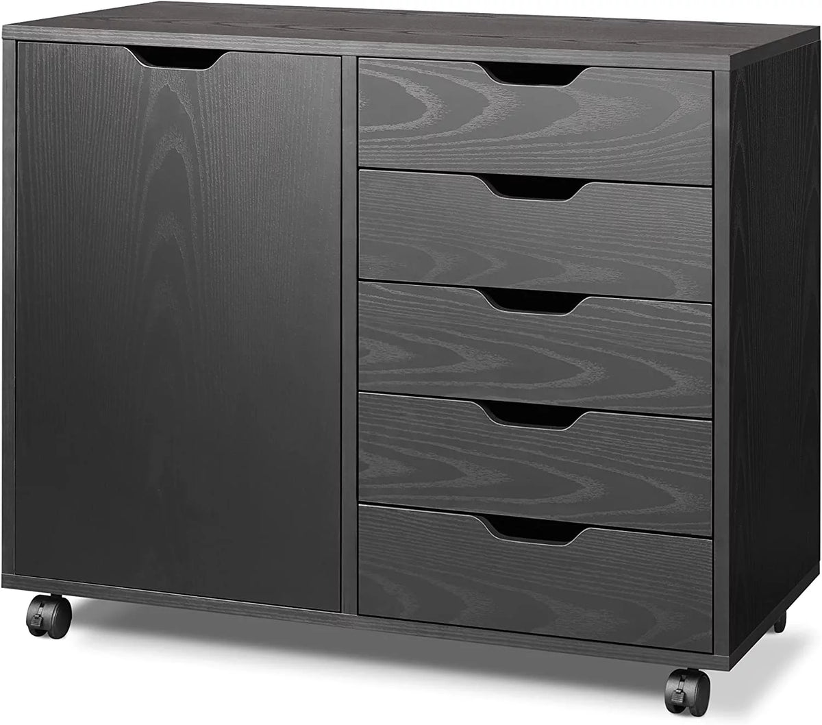 Black 5 Drawer Wood File Cabinet with Wheels C313