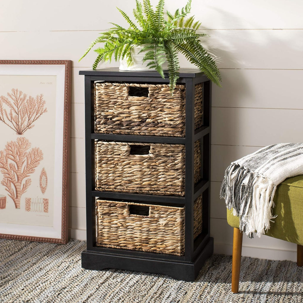 Distressed Black 3 Wicker Basket Storage Side Table I1730