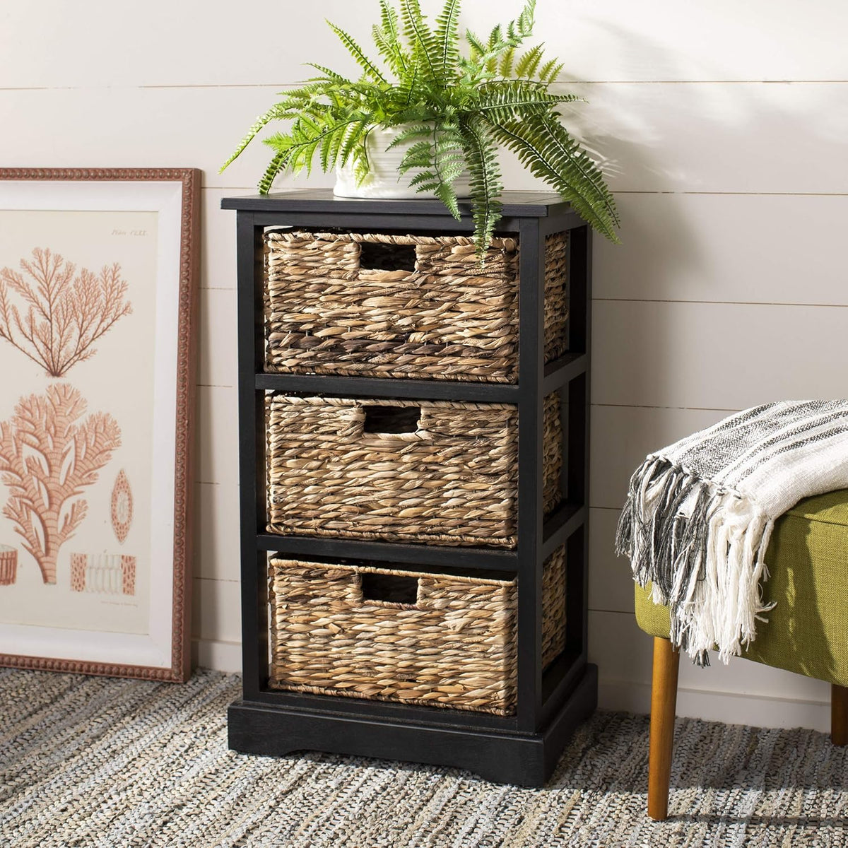 Distressed Black 3 Wicker Basket Storage Side Table I1730