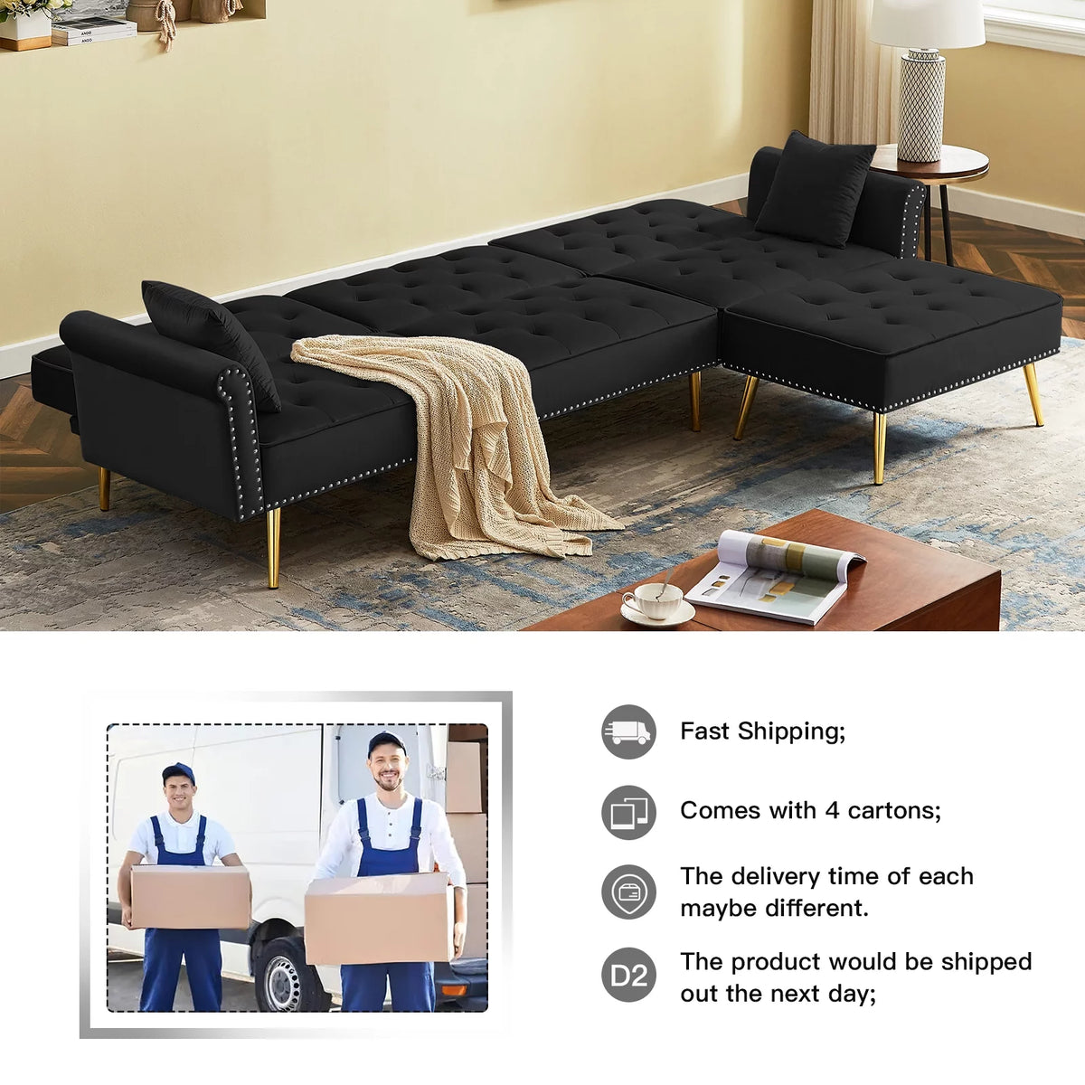 Velvet L Shaped Reversible Sectional Couch with Ottoman H891