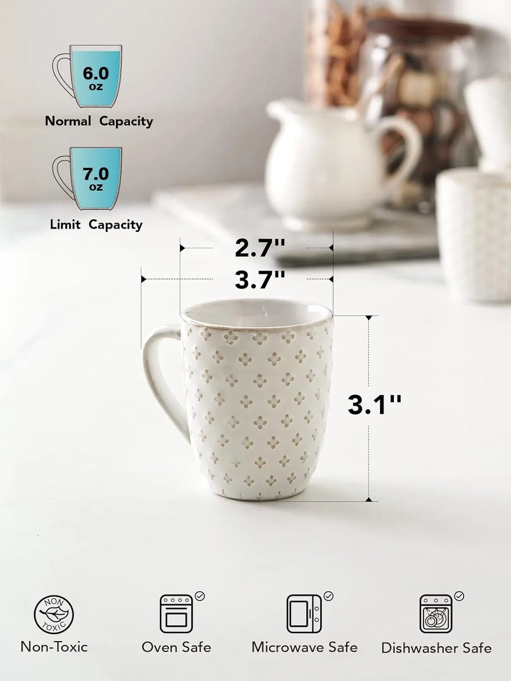 Ceramic Coffee Mugs 12 oz Embossment Set of 4 Arctic White N37282