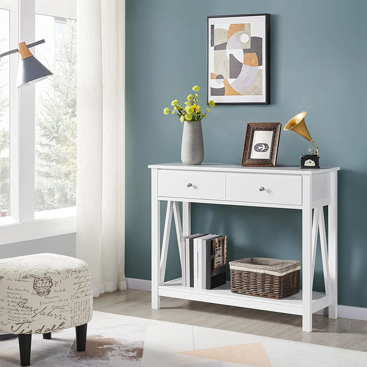 2 Tier Console Table with 1 Drawer and Open Storage Shelf, White D419532