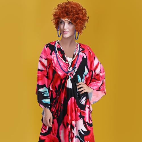 5 Pcs Halloween Costume Set with Print Caftan Dress Curly Wig Bead Necklace Earring S627727