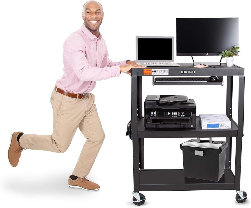 Large AV Cart with Retractable Keyboard Tray Height Adjustable Utility Cart Black 34in x 18in x 42in X872