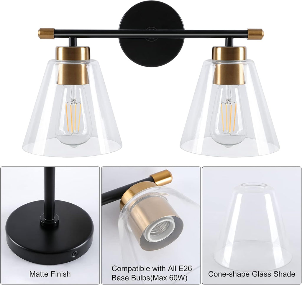 2-Light Matte Black Wall Sconce with Clear Glass Shade and Gold Base E717889