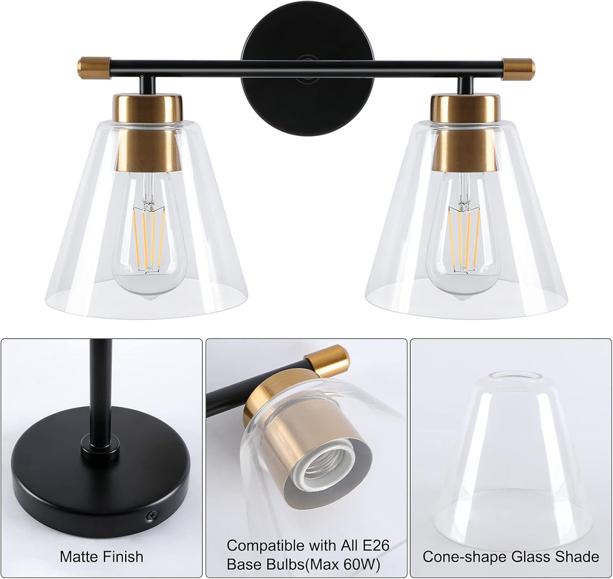 2-Light Matte Black Wall Sconce with Clear Glass Shade and Gold Base E717889