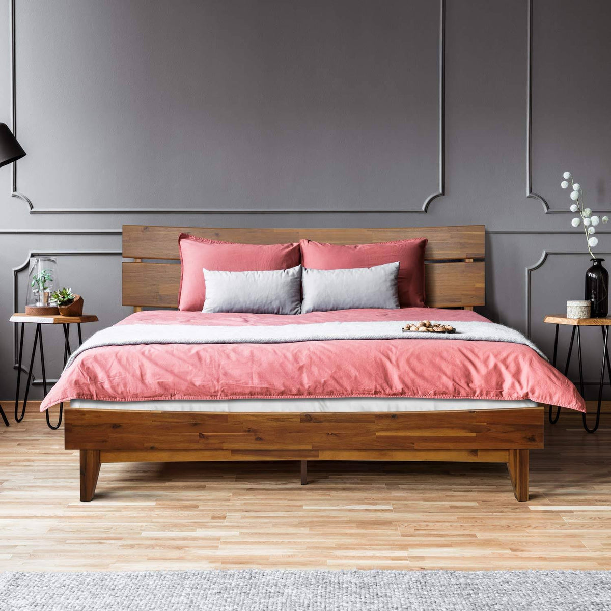 Caramel Wood Platform Bed Frame with Headboard, King I68130