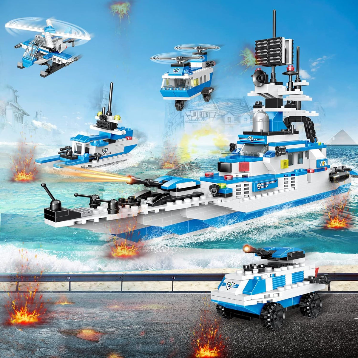 Police Ship Building Blocks Toy Kit with Army Car, Helicopter, Airplane, Warship Y25536