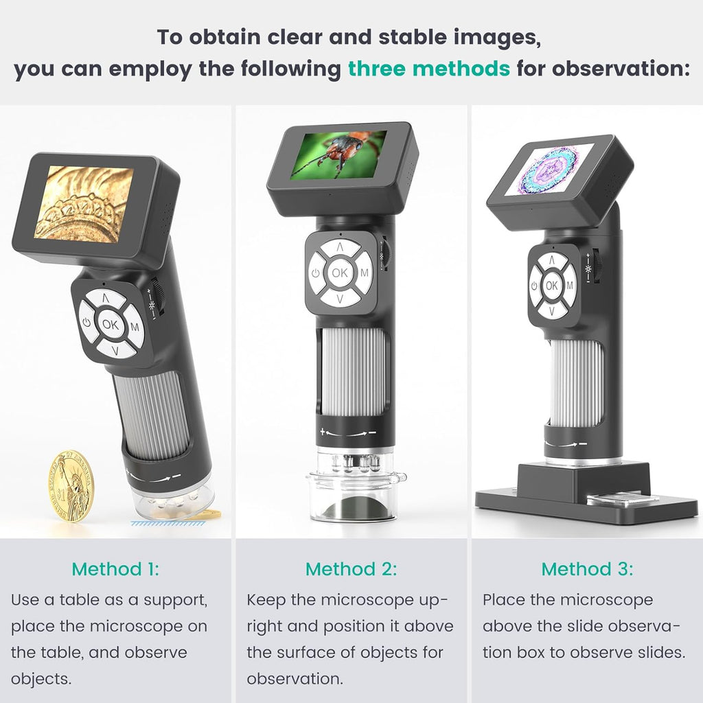 Portable Pocket Microscope Kit with 2" LCD Screen, 500X, 8 Adjustable LED Lights, 32GB SD Card C448