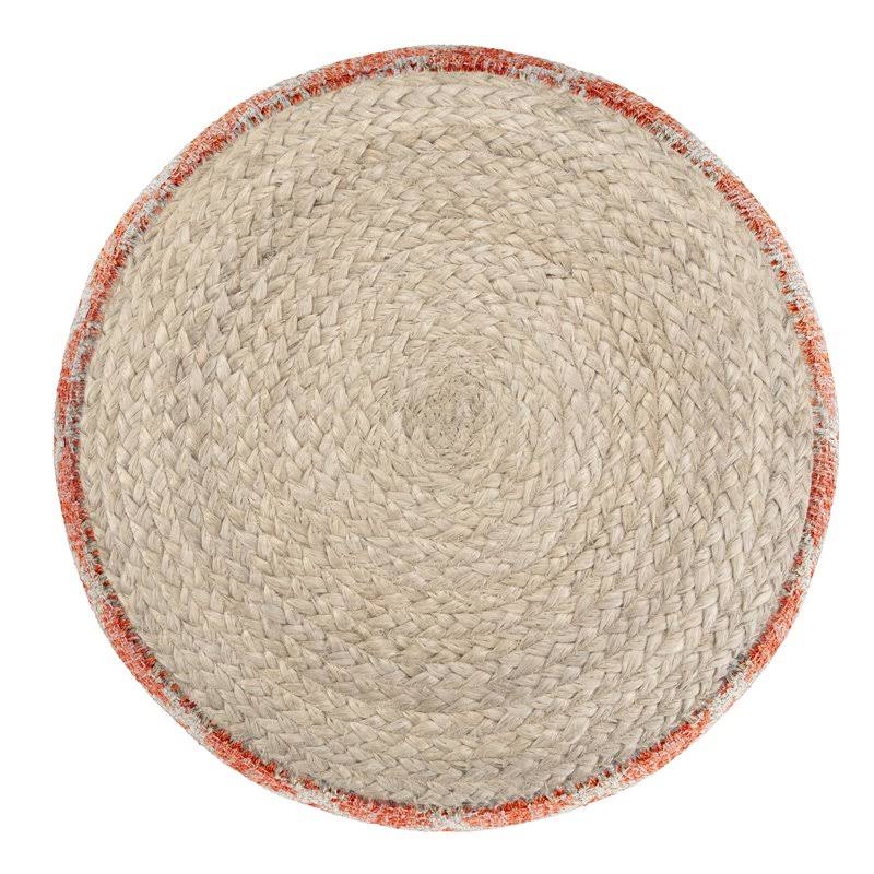 Coral and Natural Woven Braided Jute Round Pouf Y283368