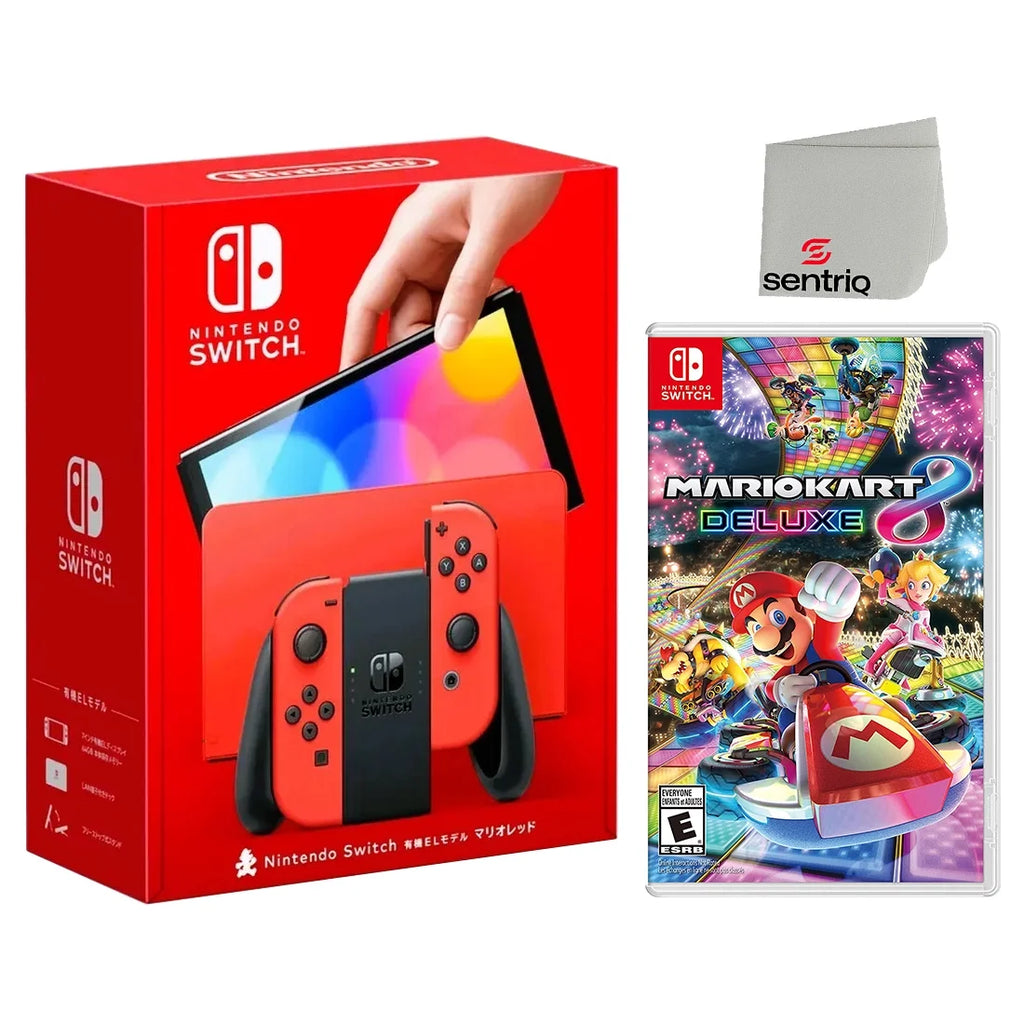 OLED Mario Red Edition Nintendo Switch with Mario Kart 8 Deluxe and Screen Cleaning Cloth Bundle I856