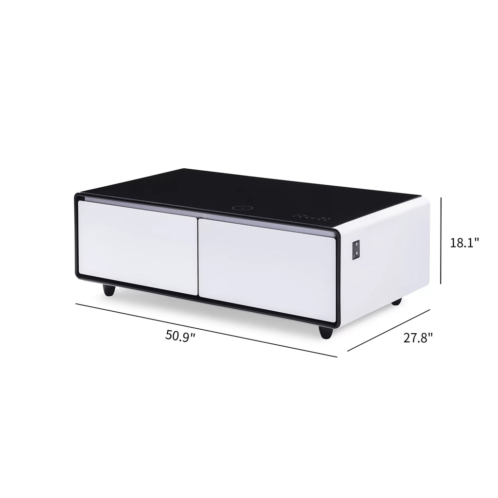 White Smart Coffee Table with Fridge and Bluetooth Speakers A428