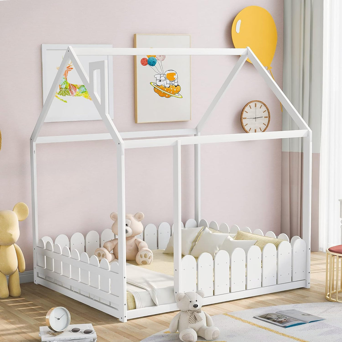 White Wood Twin House Shaped Floor Bed S69639