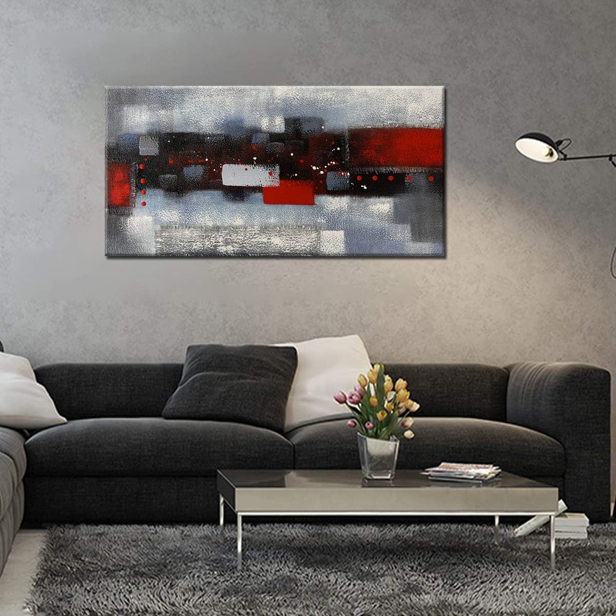Red Gray Textured 3D Oil Painting on Canvas, Pack of 2 G202