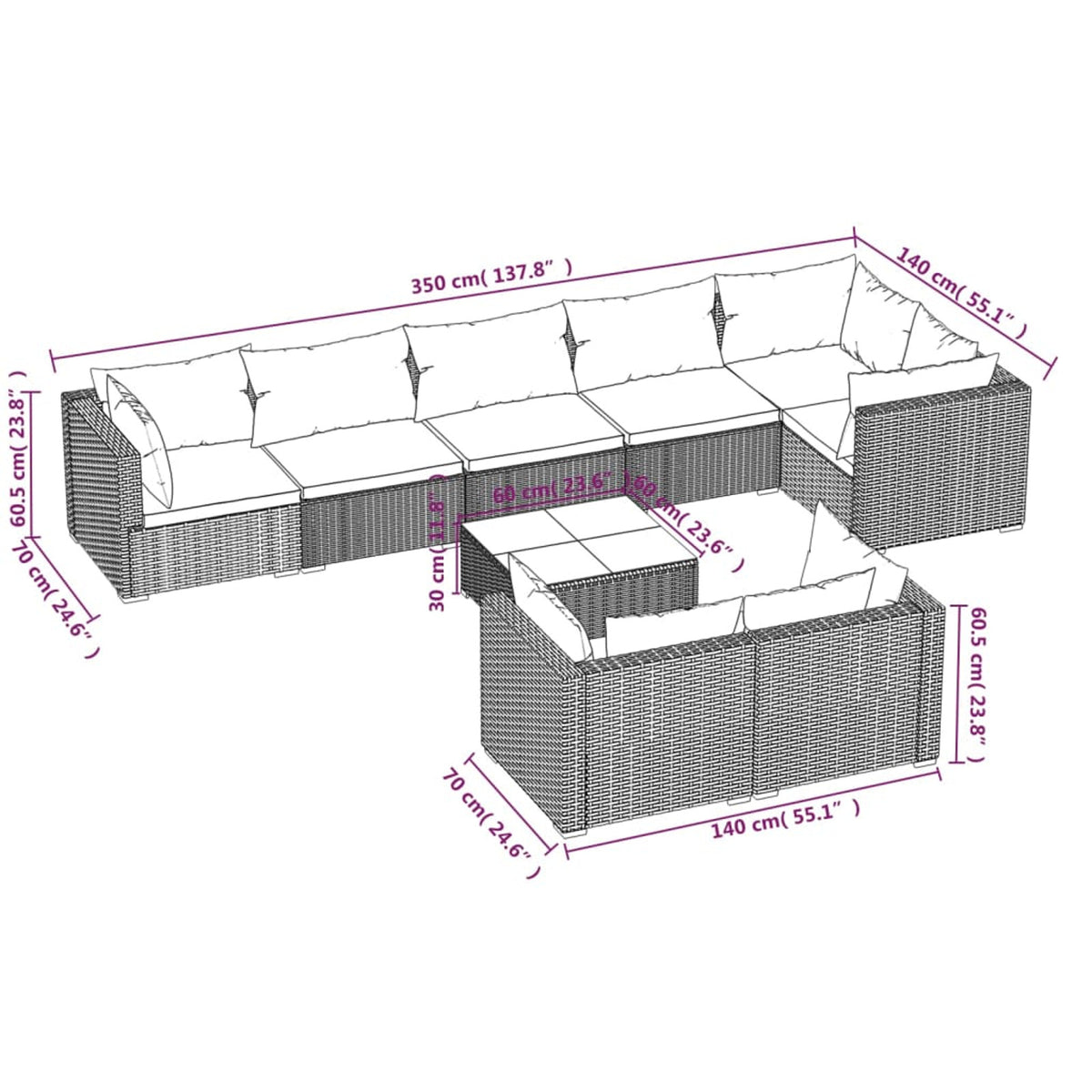 9 Piece Poly Rattan Outdoor Sectional Sofa Set with Anthracite Cushions Steel Frame D5336