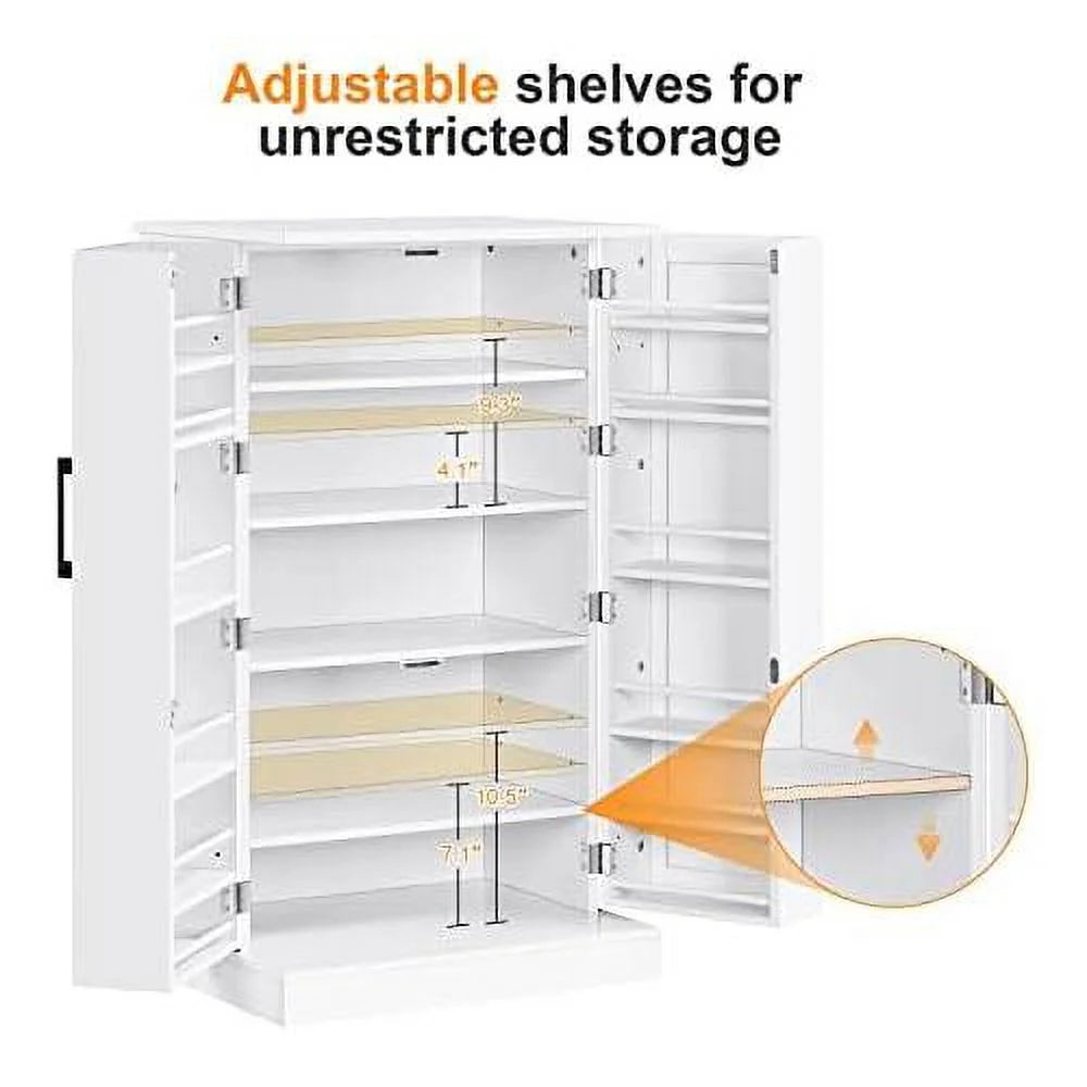 White Wood Pantry Cabinet with Doors and Adjustable Shelves V124