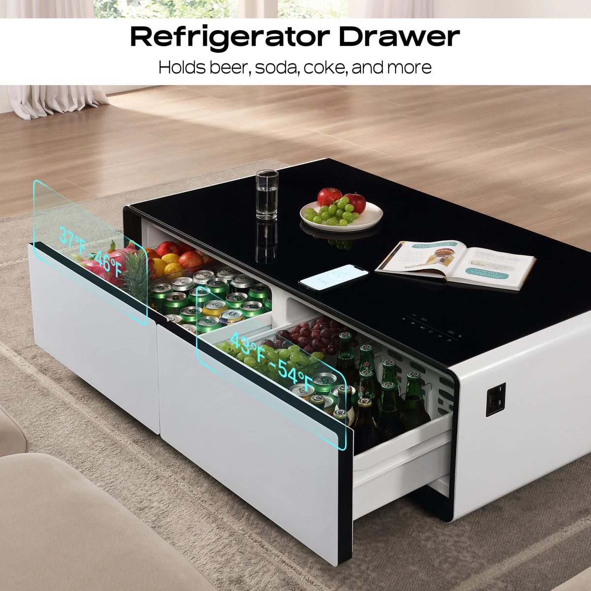 White Smart Coffee Table with Fridge and Bluetooth Speakers A428