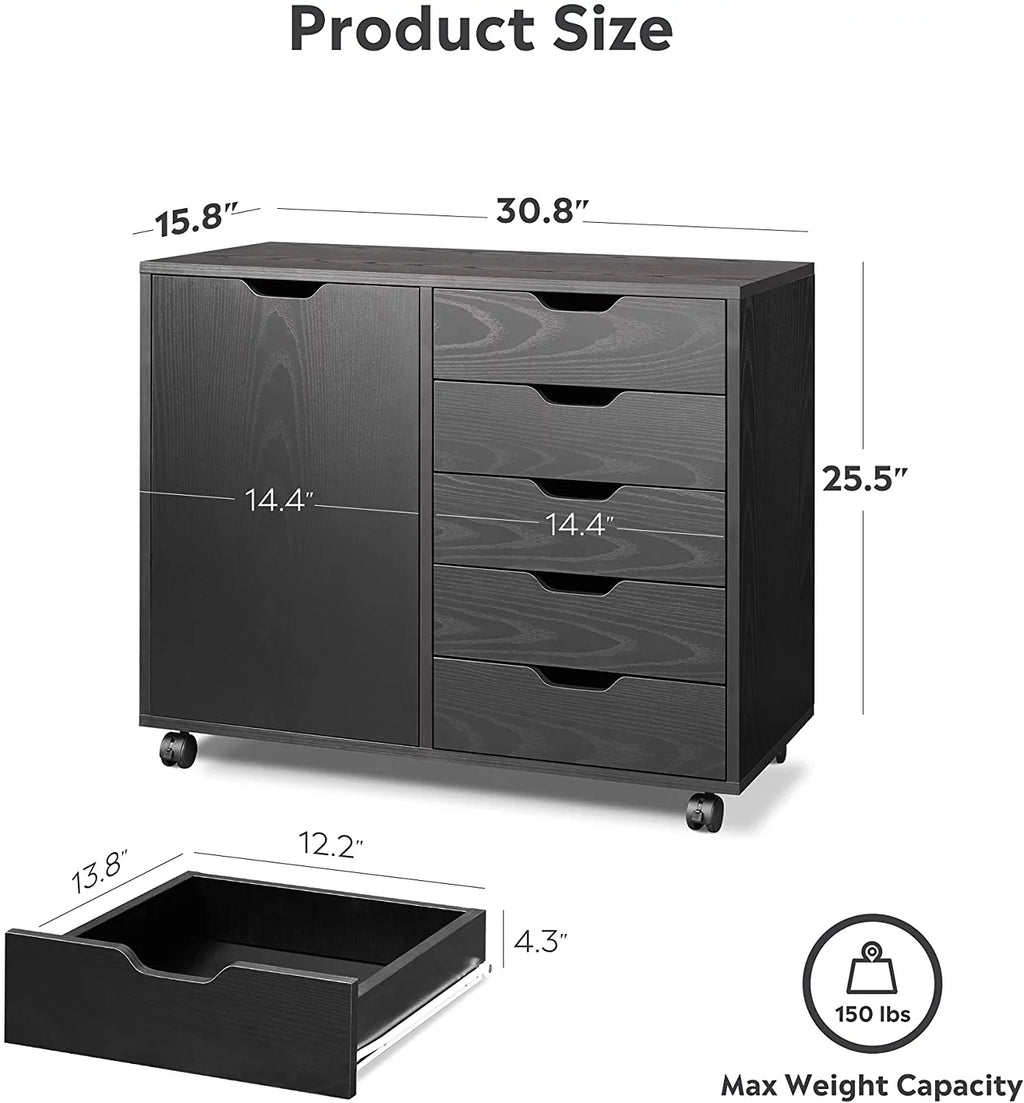 Black 5 Drawer Wood File Cabinet with Wheels C313