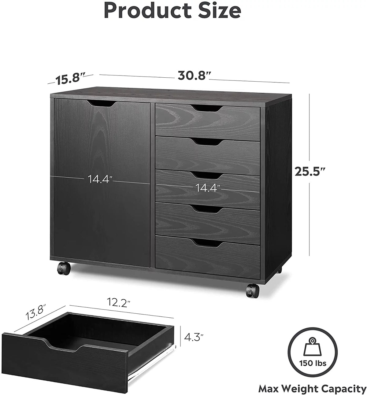 Black 5 Drawer Wood File Cabinet with Wheels C313