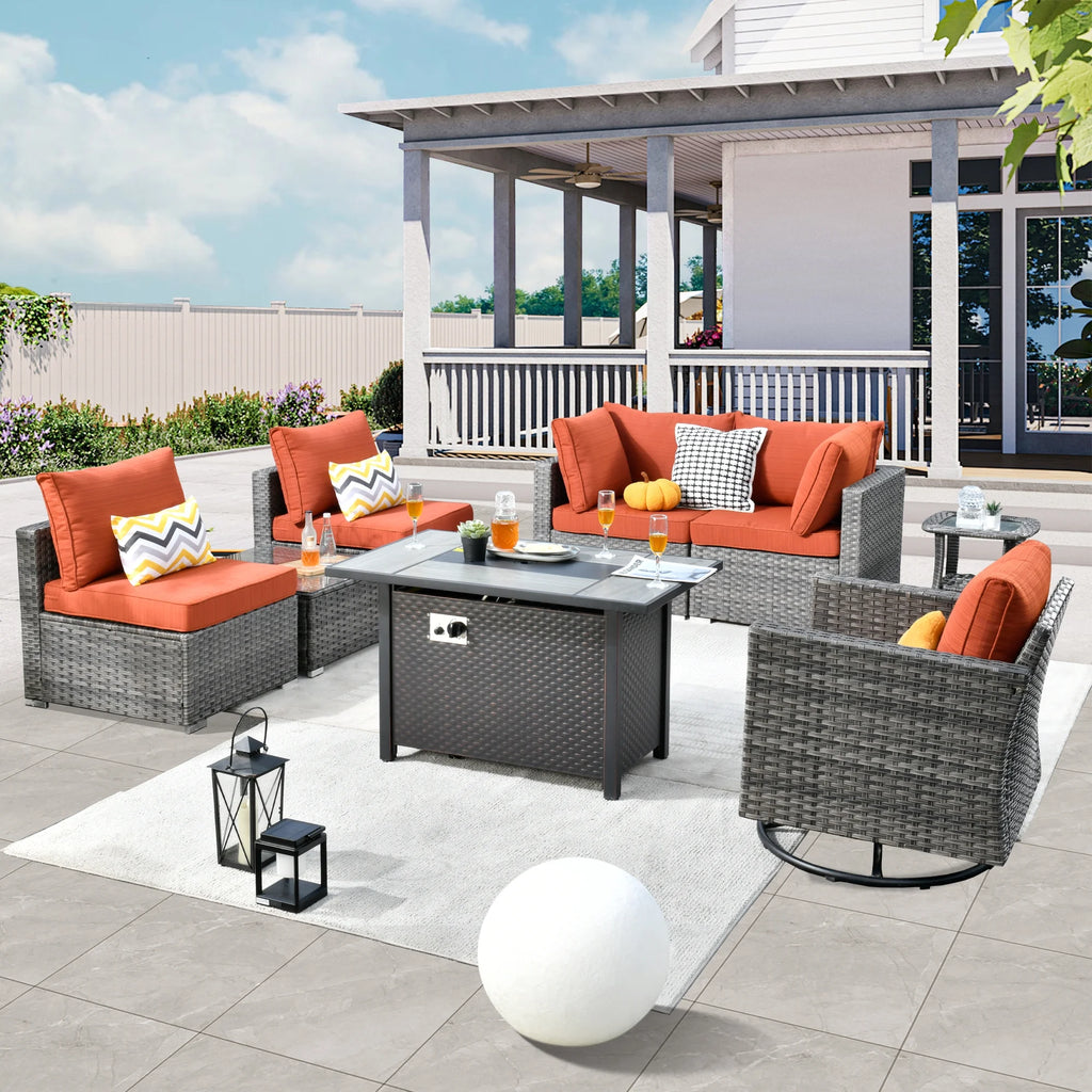 8 Pieces Outdoor Sectional Sofa Set with Swivel Rocking Chair and Fire Pit Table X232