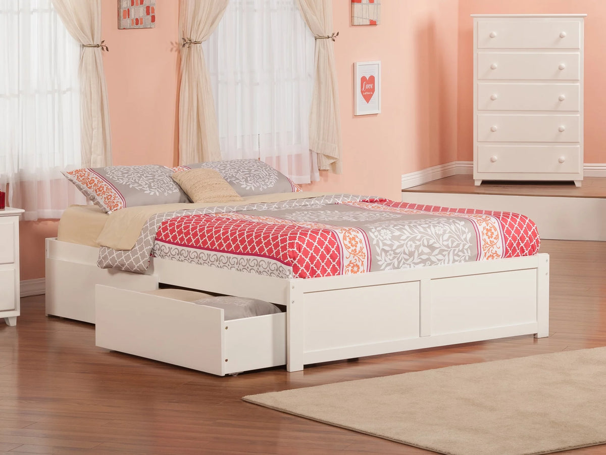 Queen Solid Wood Platform Bed with Footboard & 2 Storage Drawers in White E560