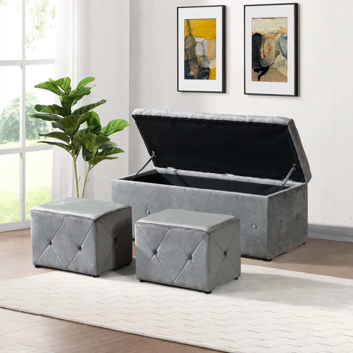 Rectangular Velvet Ottoman Storage with Lids Gray O2518