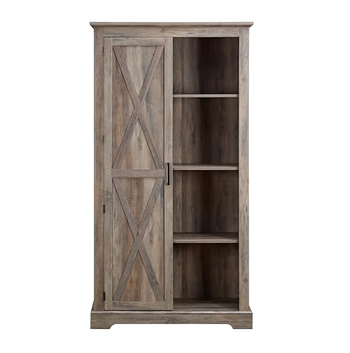 Gray Wash Tall Storage Cabinet with Doors and Open Shelves L88090