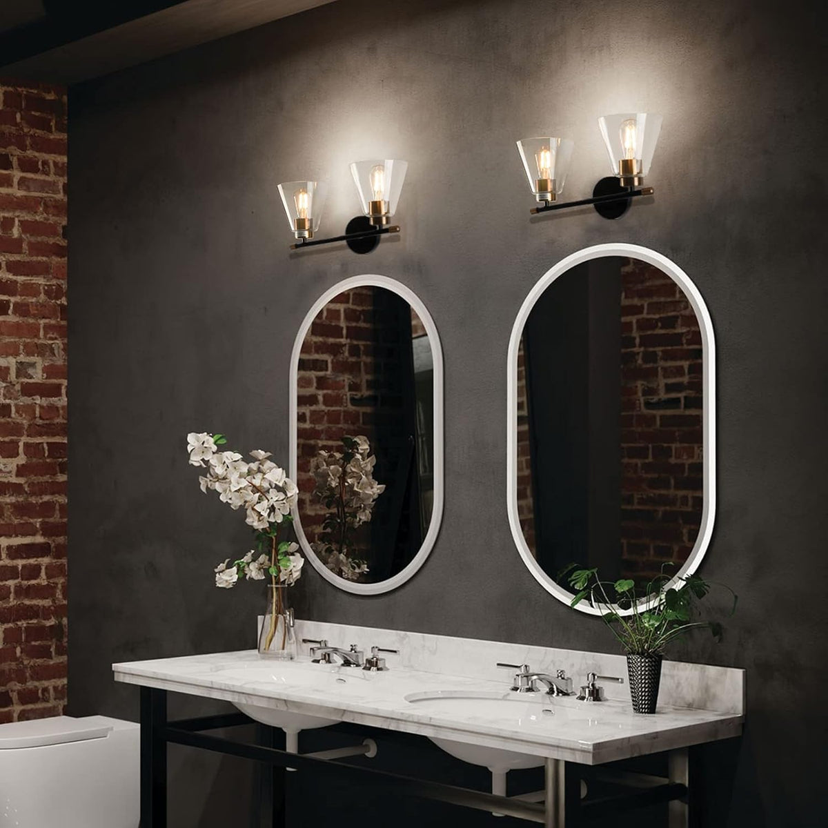 2-Light Matte Black Wall Sconce with Clear Glass Shade and Gold Base E717889