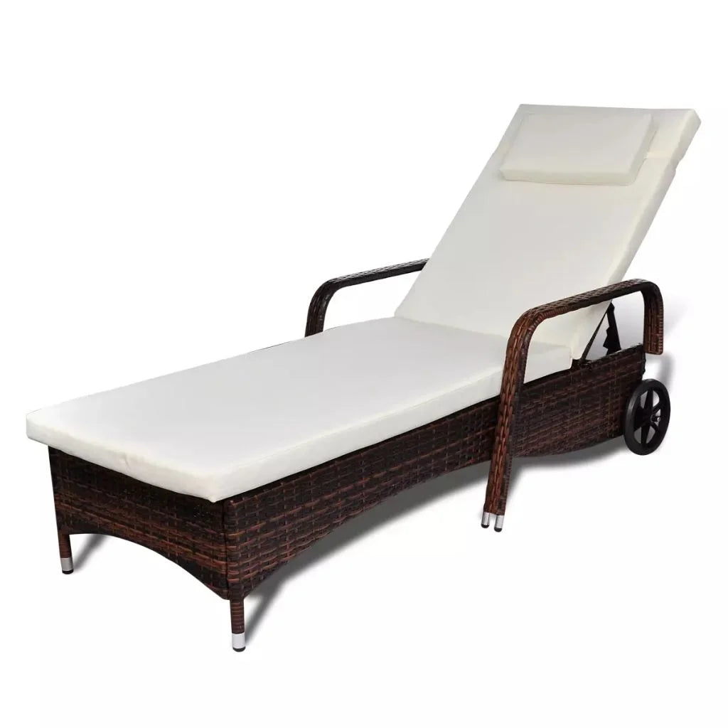 Brown Poly Rattan Chaise Lounge with Wheels F722
