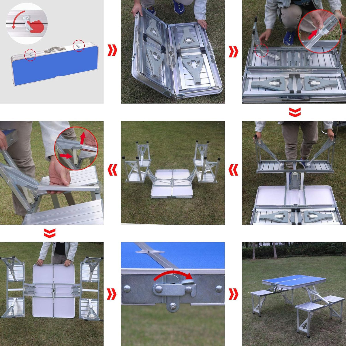 Blue Folding Camping Table with 4 Seats Chairs and Umbrella Hole T7974
