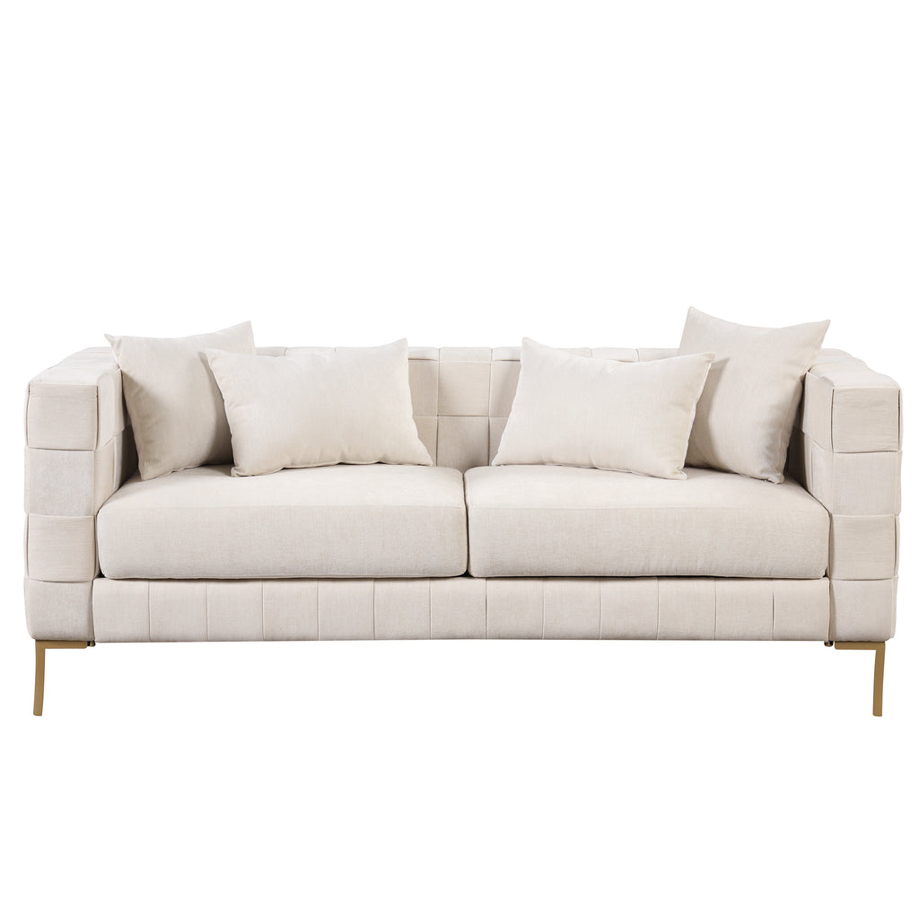 Beige Upholstered Sofa with 4 Pillows and Golden Metal Legs E4997