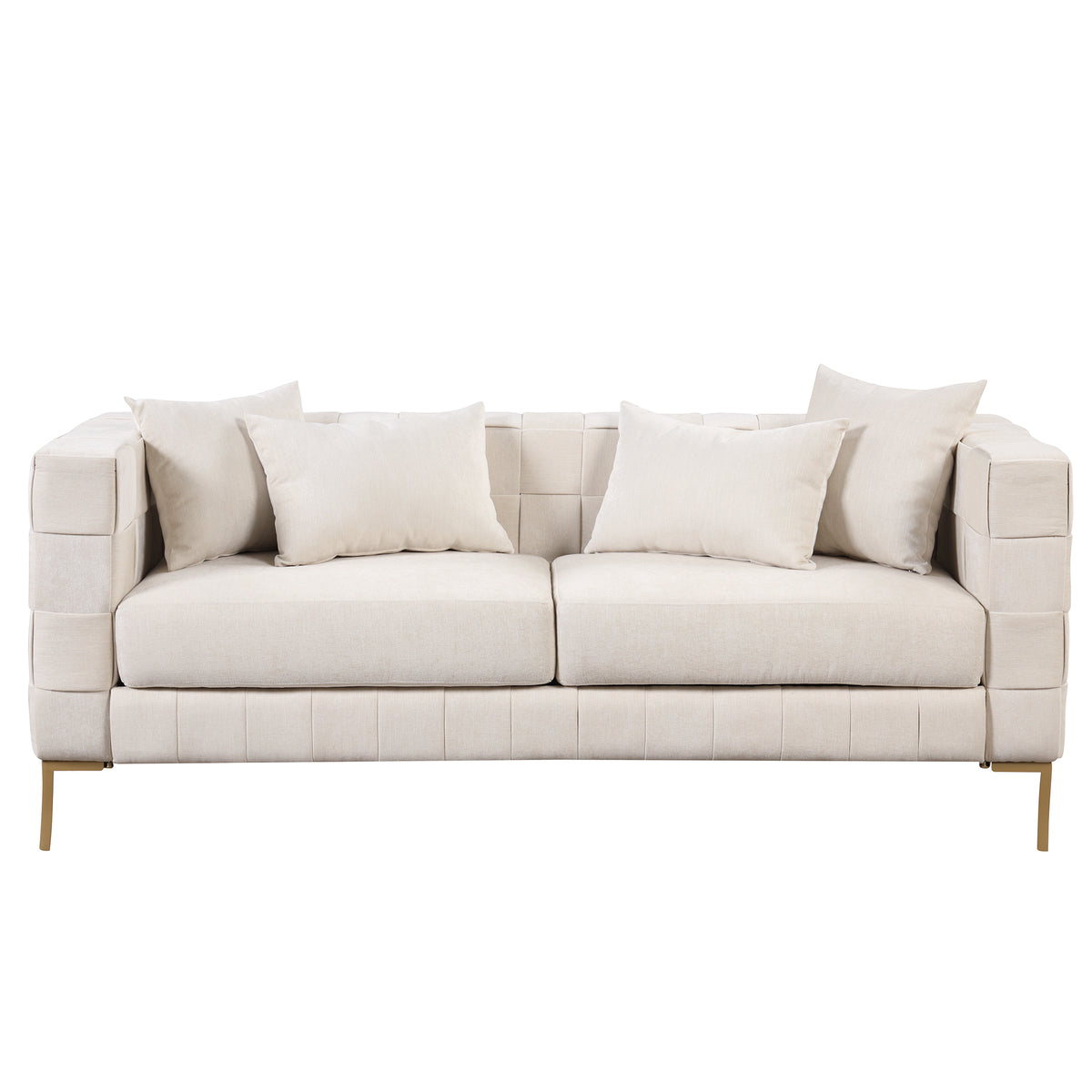 Beige Upholstered Sofa with 4 Pillows and Golden Metal Legs E4997