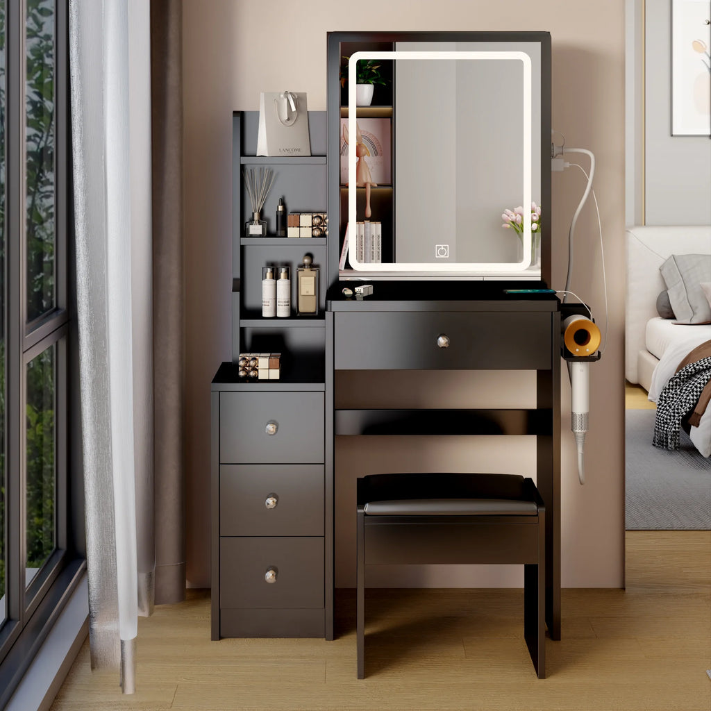 White Vanity Table with Lighted Mirror and Stool S5706