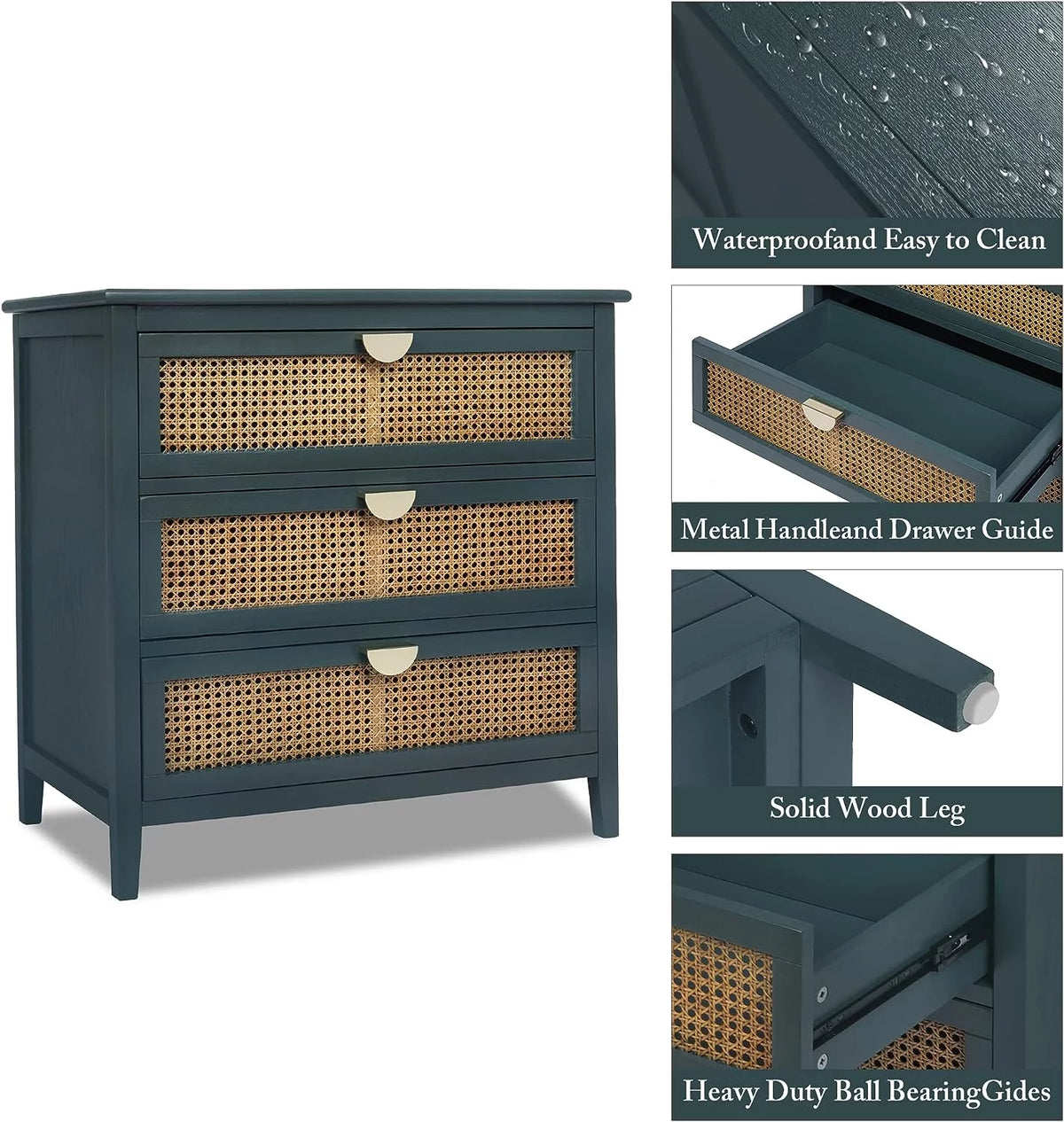 3 Drawer Rattan Dresser with Golden Metal Handles G895590