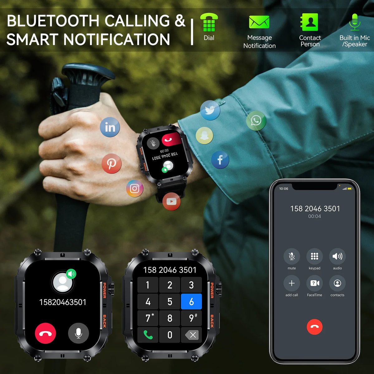 Rugged Tactical Smart Watch with 1.96'' HD Outdoor Fitness Tracker O5326