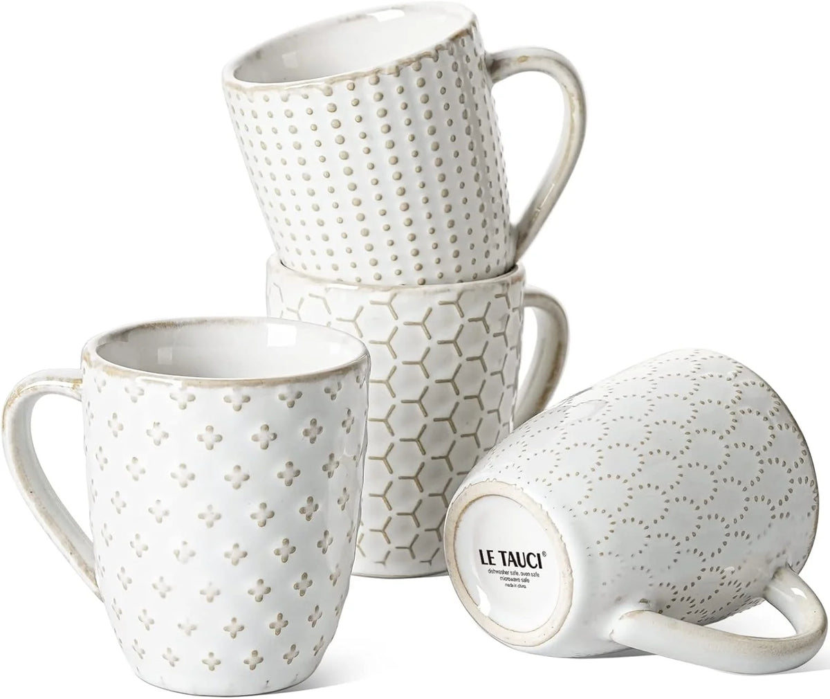 Ceramic Coffee Mugs 12 oz Embossment Set of 4 Arctic White N37282