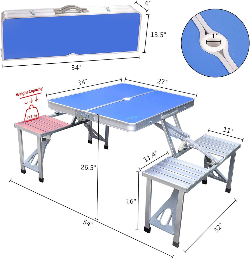 Blue Folding Camping Table with 4 Seats Chairs and Umbrella Hole T7974