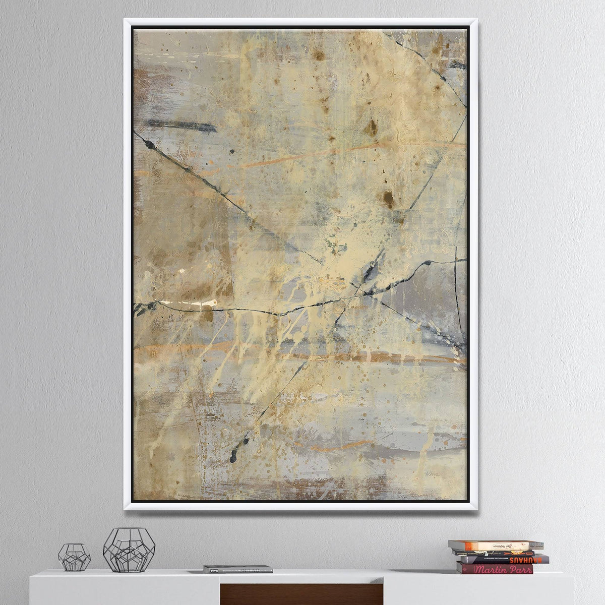 Geometric Cream Block Framed Canvas, 16 inch x 32 inch F628
