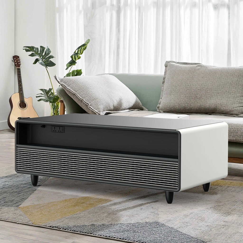 White Smart Coffee Table with Fridge and Bluetooth Speakers A428