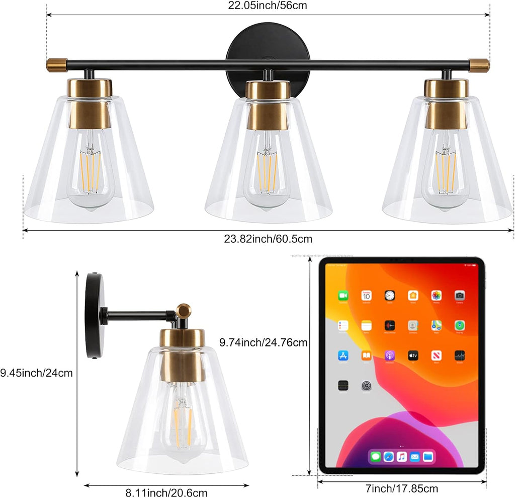 2-Light Matte Black Wall Sconce with Clear Glass Shade and Gold Base E717889
