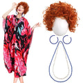 5 Pcs Halloween Costume Set with Print Caftan Dress Curly Wig Bead Necklace Earring S627727