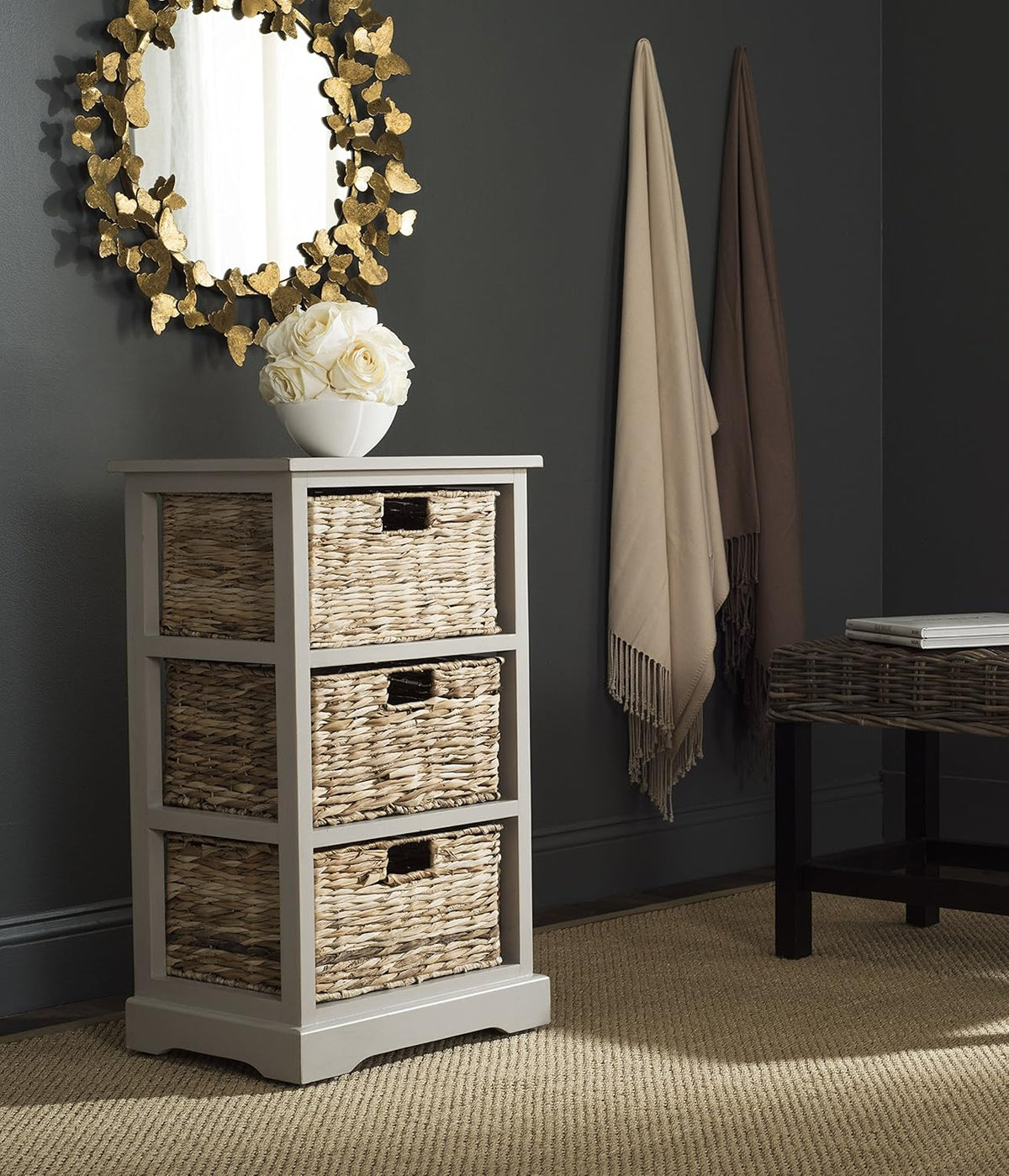 Distressed Black 3 Wicker Basket Storage Side Table I1730
