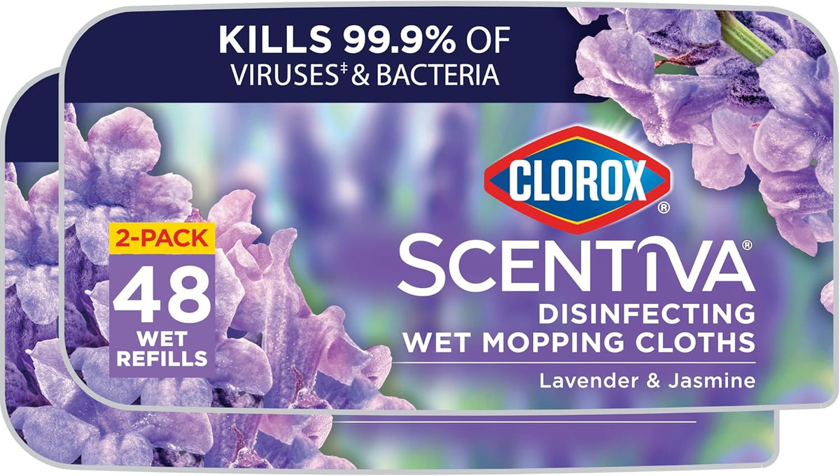 Disinfecting Wet Mop Pad, Disposable Mop Heads, Lavender and Jasmine, 2 Packs, 24 Wet Refills Per Pack J11849